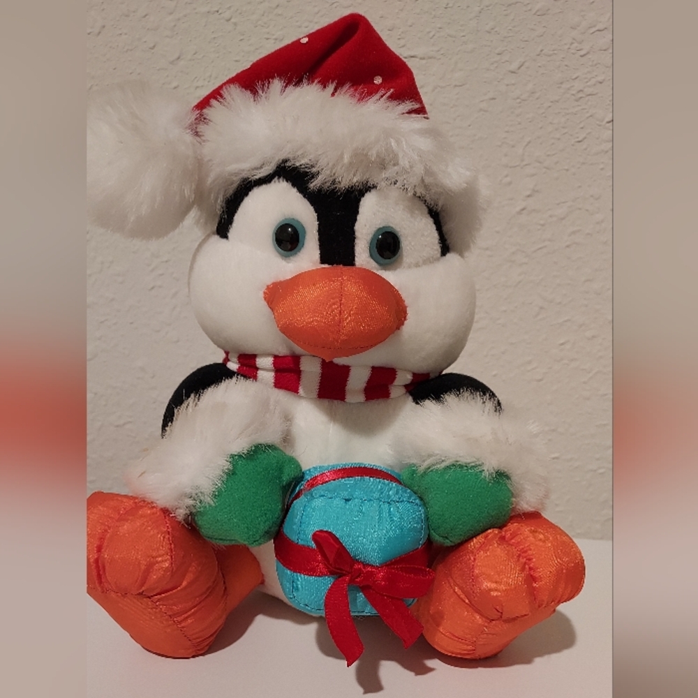 Vintage Christmas Stuffins Penguin Parachute Hat Scarf Present 1994 8" White Fur